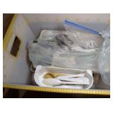 BOX FILLED WITH MULTIPLE SETS OF FLATWARE, KITCHEN UTENSILS, AND MORE