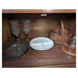 DINING ROOM ACCESSORIES IN LOW CABINET MARKED 1032 INCLUDING SILVER PLATE SERVING TRAY, BAUSCHER WEIDEN BAVARIA GERMANY DIVIDED DISH, ROUND CHEESE BOARD WITH DOME, DECORATIVE BASKET, AND MORE - DINE