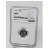 1963 SILVER DIME COIN, NGC GRADED PF69