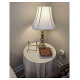 ROUND ACCENT TABLE WITH TABLECLOTH, LAMP, STAND, AND BASKET - LIVING