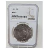 1923 PEACE SILVER DOLLAR COIN, NGC GRADED MS64