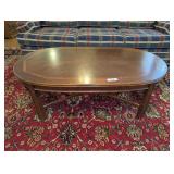 OVAL WOODEN COFFEE TABLE WITH INSET TOP AND CROSSED STRETCHER BASE - LIVING