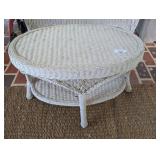 WHITE WICKER OVAL COFFEE TABLE WITH LOWER SHELF