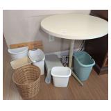 ROUND TABLE WITH ASSORTED TRASH CANS AND STEP STOOL - LIVING
