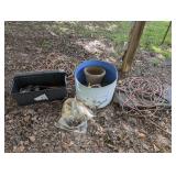 ALL ITEMS IN CARPORT AREA MARKED 4020 INCLUDING HALF DRUM FILLED WITH ROPE AND MORE, DROP CORDS, AND PLANO SPORTSMAN'S TRUNK FILLED WITH TOOLS
