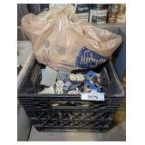 MILK CRATE FILLED WITH ELECTRICAL CONTRACTING SUPPLIES INCLUDING OUTLETS, FACE PLATES, JUNCTION BOXES, AND MORE