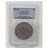 2000- P LEIF ERIKSON SILVER DOLLAR COIN, PCGS GRADED MS70