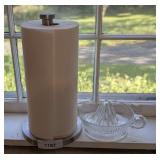 BRUSHED ALUMINUM PAPER TOWEL HOLDER AND VINTAGE CLEAR GLASS JUICER