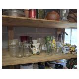 ALL ITEMS ON MIDDLE SHELF SECTION MARKED 2016 INCLUDING VINTAGE GLASS KITCHEN STORAGE JARS, MASON JARS, VASES, AND MORE