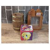 LOONEY TUNES TIN BANK, BARREL MOTIF TRINKET JAR, AND CARVED WOOD "BUY AMERICAN" SHADOW BOX - DINE