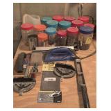 JARS OF NAILS, SCREWS, FASTENERS, BONDO GRATERS, AND MORE IN LEFT TABLE TOP AREA MARKED 3100