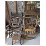 VINTAGE SOLID WOOD CHAIRS INCLUDING THREE MATCHING RUSH SEAT DINING SIDE CHAIRS, PAIR OF OLD TINY CHILD SPINDLE BACK CHAIRS, AND ANTIQUE ROCKING COMMODE CHAIR