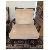 DARK WOOD ACCENT ARMCHAIR WITH LIGHT BEIGE UPHOLSTERED CUSHIONS - LIVING