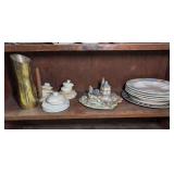 ALL ITEMS ON BOTTOM SHELF MARKED 3053 INCLUDING MIKASA CHINA, DECORATIVE FITZ & FLOYD PLATE AND SHAKERS, AND MORE