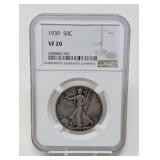 1939 WALKING LIBERTY SILVER HALF DOLLAR COIN, NGC GRADED VF20
