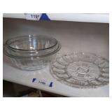 ANCHOR HOCKING AND PYREX MIXING BOWLS PLUS FORMAL GLASS DEVILED EGG SERVING DISH
