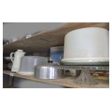 ALL KITCHEN RELATED ITEMS ON SHELF MARKED 3055 INCLUDING PUNCH SETS, CHAFING DISH, VINTAGE CAROUSELS, AND LOBSTER POT