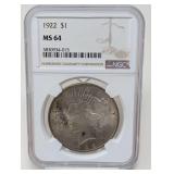 1922 PEACE SILVER DOLLAR COIN, NGC GRADED MS64