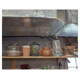 ALL ITEMS ON TOP SHELF SECTION MARKED 2015 INCLUDING DECORATIVE CANDLE LANTERN, HAND DECORATED CERAMIC TEAPOT, VINTAGE GLASS BODY CHICK FEEDER, PLANTERS, AND MORE