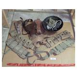 GROUP OF MID-CENTURY FIREARM AND MILITARY ACCESSORIES INCLUDING HOLSTERS, AMMO BELTS, HELMET, AND MORE
