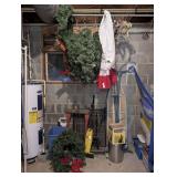 CONTENTS OF BACK WALL OF BASEMENT ROOM MARKED 3158 INCLUDING CHRISTMAS WREATHS, CHIMNEY BRUSH, ELECTRIC SWEEP, FURNITURE FLOAT, FIREPLACE SCREEN, FIREPLACE TOOLS, AND MORE
