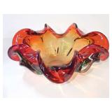 Beautiful Art Glass Ruffled Bowl Red Amberina and Green Pinch Bowl