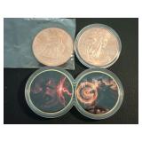 (2) ONE AVDP OZ COPPER ROUNDS & (2) MARVEL MEDALLIONS