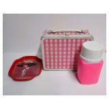 Vintage Thermos Pink Gingham Metal Lunch Box with Matching Thermos and Coca Cola Tray
