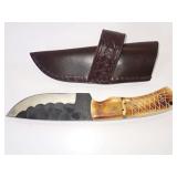 American Hunter Fixed Blade Knife with Bone Handle and Leather Sheath, Model AH025