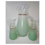 Vintage Frosted Green Glass Pitcher and Cruets Set-Believed to be West Virginia Blendo