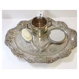 Silver Plated Vanity Set with Tray, Hand Mirror, Brush, and Container
