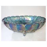 Blue Iridescent Carnival Glass Footed Oval Bowl