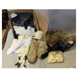 Mixed Craft Lot with Ermine Tails, Kit Fox Tails, Horse Hair, Leather Scraps, Fur Pelts, Feathers, and Bone Beads