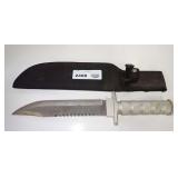 Survival Knife with Serrated Blade and Black Sheath