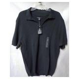 New Alfani Men Short Sleeve Johnny Collar Textured Knit Shirt Deep Black Large