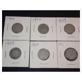 (6) 1904-1911 'V' NICKELS