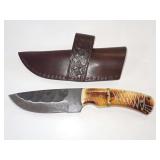 American Hunter Fixed Blade Knife with Bone Handle and Leather Sheath, Model AH025