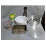 Assorted Kitchenware and Pet Supplies Lot Including Mirro Pans, Tupperware Measuring Cups, and Ceramic Cat Bowl