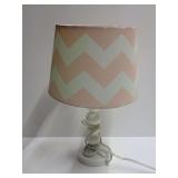 White Stacked Sphere Accent Table Lamp with Pink and White Chevron Shade