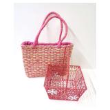 Pink Woven Straw Tote Bag and Red Holiday Decorative Basket