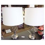 Pair of Brushed Metal Spiral Cage Table Lamps with Linen Shades-Shades in great shape. Lamps tested and work.