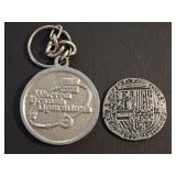 MEDIEVAL SPANISH COIN REPLICA & PACKARD ELECTRIC COMMEMORATIVE KEYCHAIN