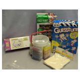 Craft Supplies Lot Including Bead Organizer, Weaving Bead Bracelet Kit, Face Paint Set, Guesstures Board Game, and Pouches