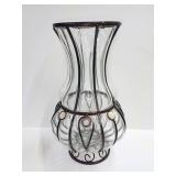 Large Clear Glass Vase in Decorative Metal Stand with Scroll and Beaded Accents