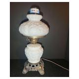 DR…Vintage "Gone with the Wind" (GWTW) style milk glass parlor lamp with a prominent embossed poppy/rose pattern, believed to be Fenton, see pictures for details.