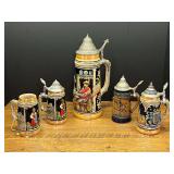 Collection of German Ceramic Beer Steins with Pewter Lids - Set of 5