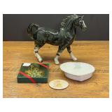 Mixed Collectibles Lot Featuring Ceramic Horse Figurine, Porcelain Trinket Box, Ornament, and Decor Plaque