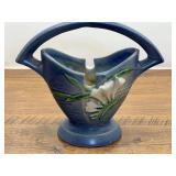 DR…Vintage Roseville Pottery basket in the Freesia pattern, finished in a classic Delft Blue glaze. Introduced by Roseville in 1945, see pictures for details.