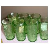 DR… "Sharon" (commonly nicknamed Cabbage Rose) pattern green uranium glass iced tea tumblers, believed to be vintage Federal glass, set of seven, see pictures for details.