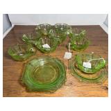 DR… Vintage green Depression uranium glass snack plates, and “Princess” patterned cups. approximately 11 pieces, see pictures for details.